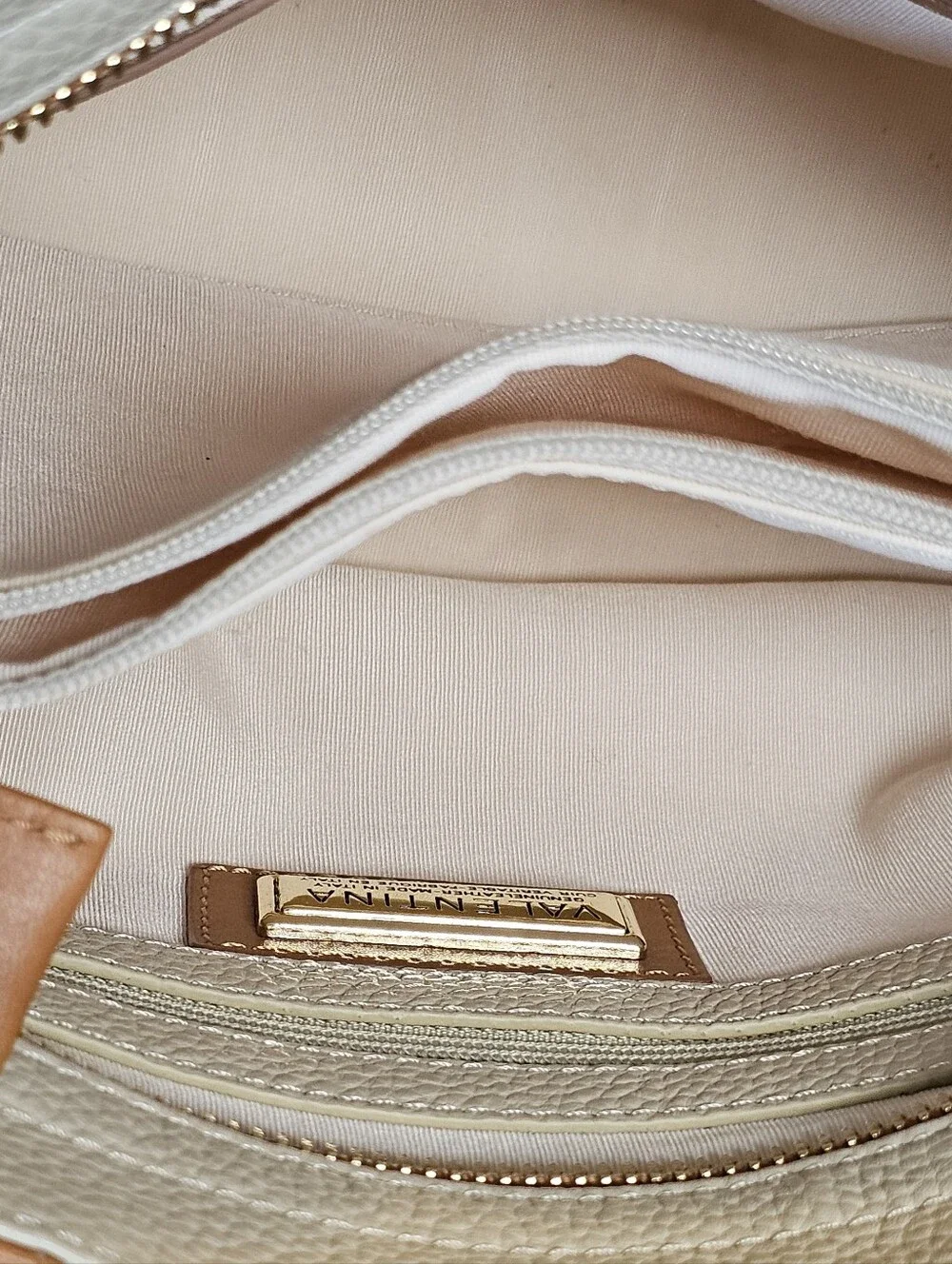 VALENTINA Italy Cream Pebbled Leather Tote Bag with Tan Straps